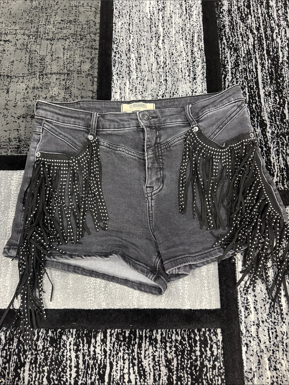 Women's Black Fringe Studded High-Rise Denim Shorts